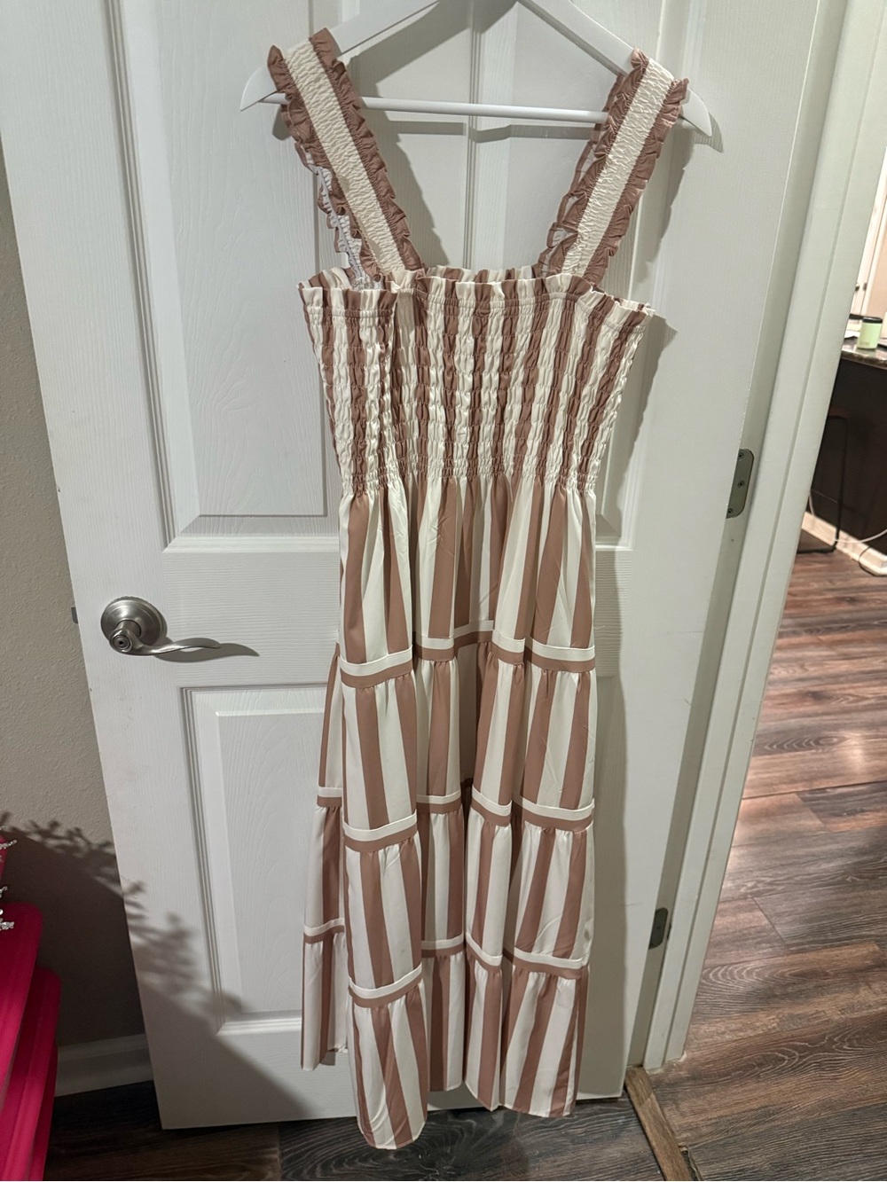 Caracilia Womens Summer Maxi Dresses Khaki Striped Smocked Boho Sundress Medium